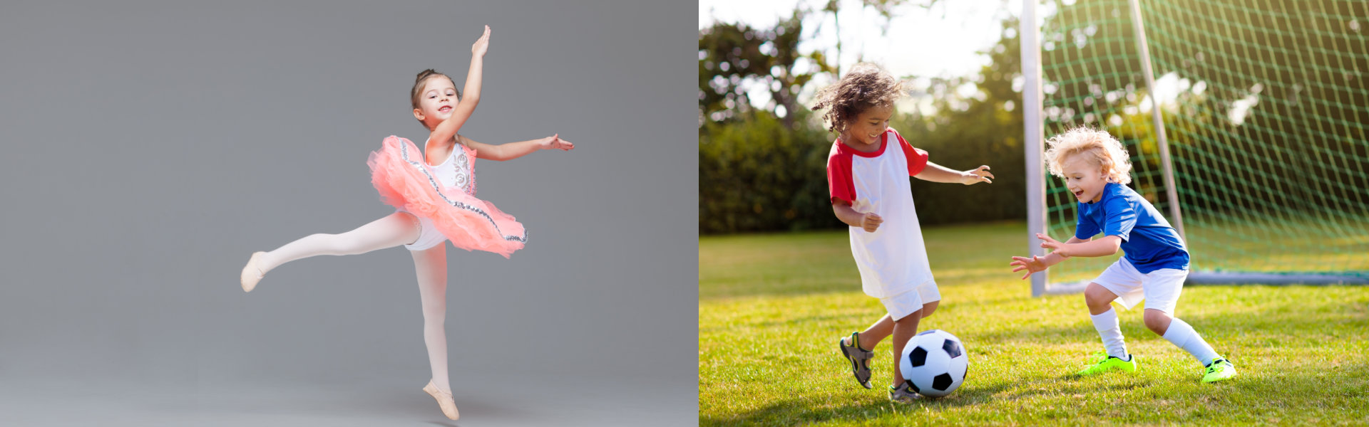 collage image of girl ballerina and children playing soccer